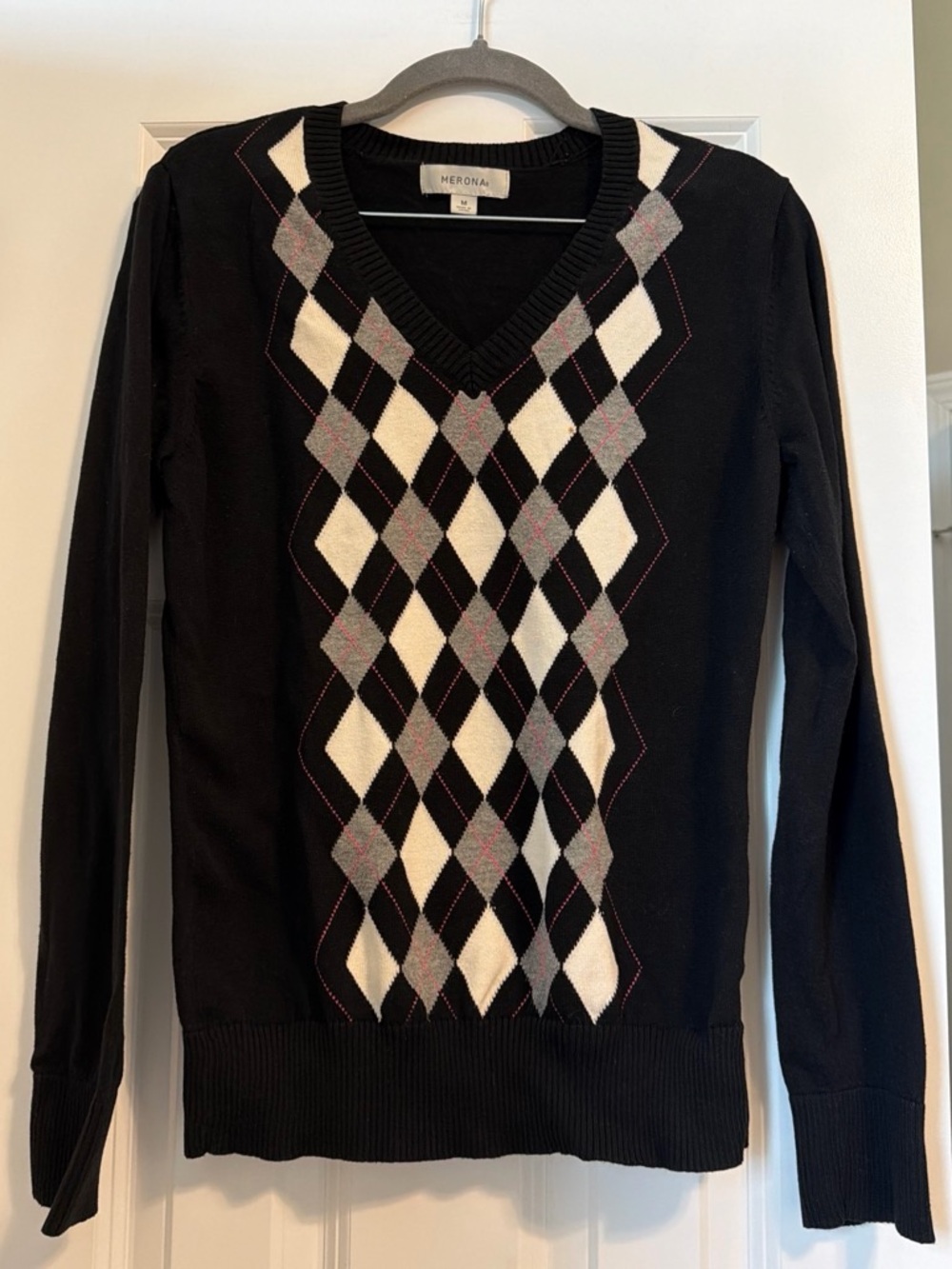 Merona Black V-Neck Sweater with White and Gray Argyle